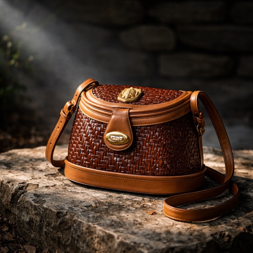 Barry Kieselstein-Cord Woven Leather Crossbody Bag in Brown with Gold Hardware